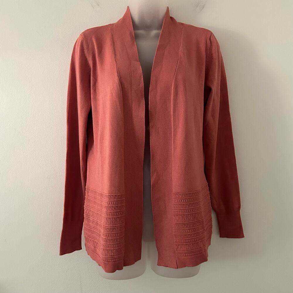 Lety & Me Women's Open Front Cardigan Gabby Pointelle Coral S Small New